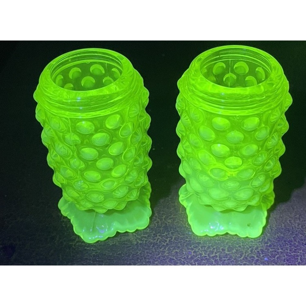 Fenton Yellow Topaz Hobnail Vaseline Opalescent Glass S&P Shaker No Tops Vintage